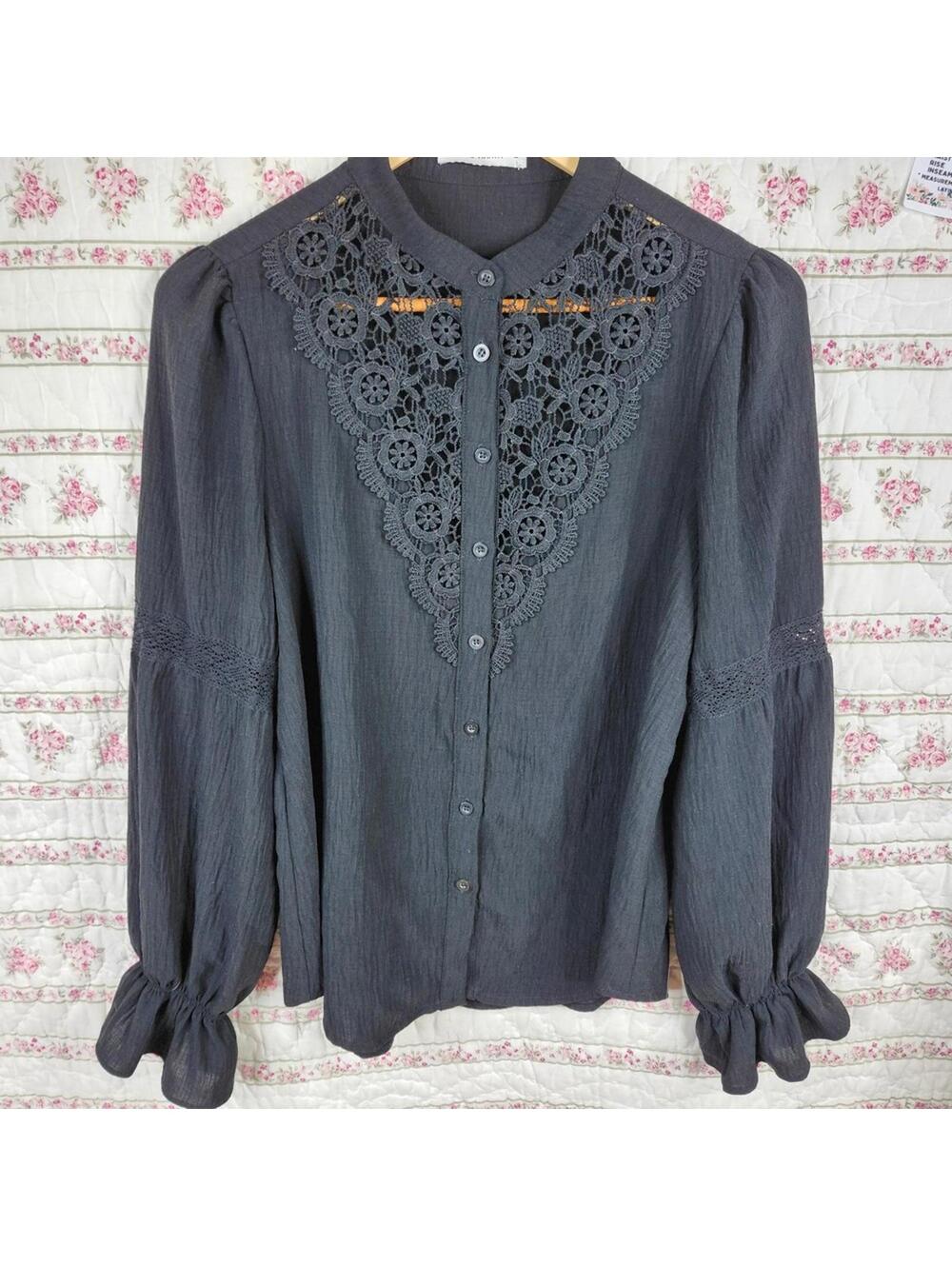 Grace Karin Black Lace Blouse Long Sleeve Ruffle Cuff Top Medium